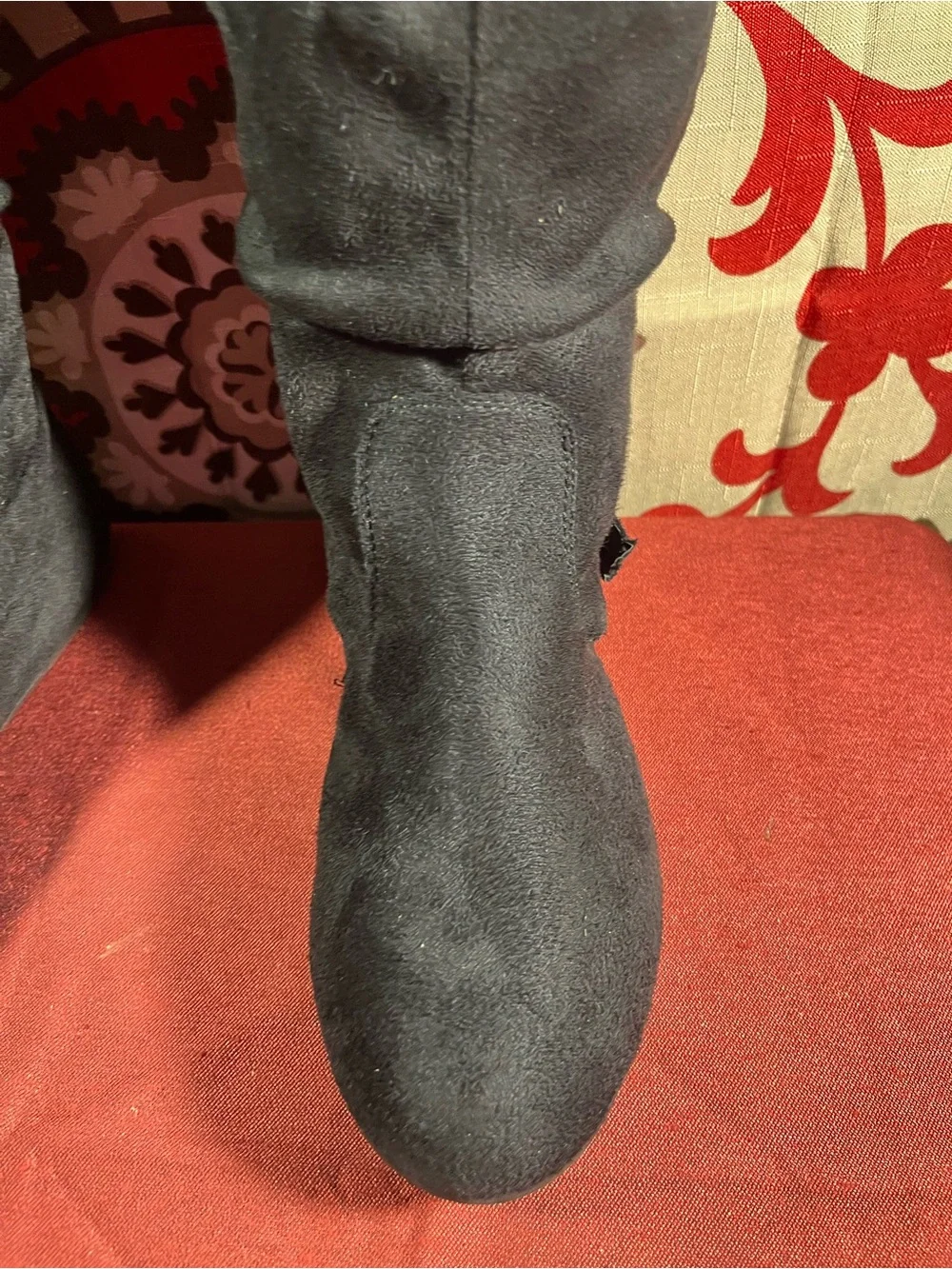 7/8M black faux-suede slouchy mid-calf boot with a built-in knit sweater/sock